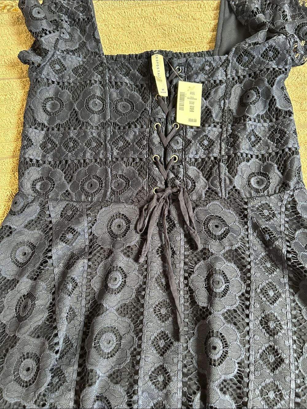 Y2K NWT Aeropostale Charcoal Navy Blue Crochet Lace-Up Mini Dress - Picture 2 of 6